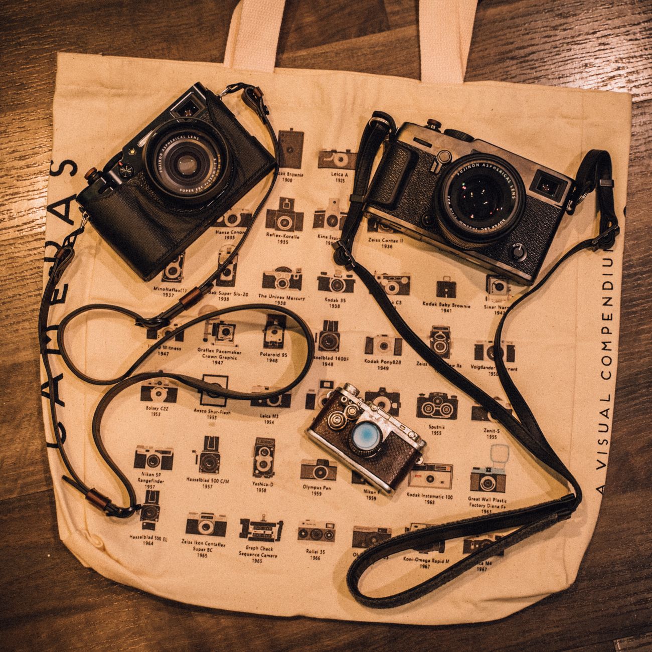 Sample: a canvas tote printed with a repeating camera illustration