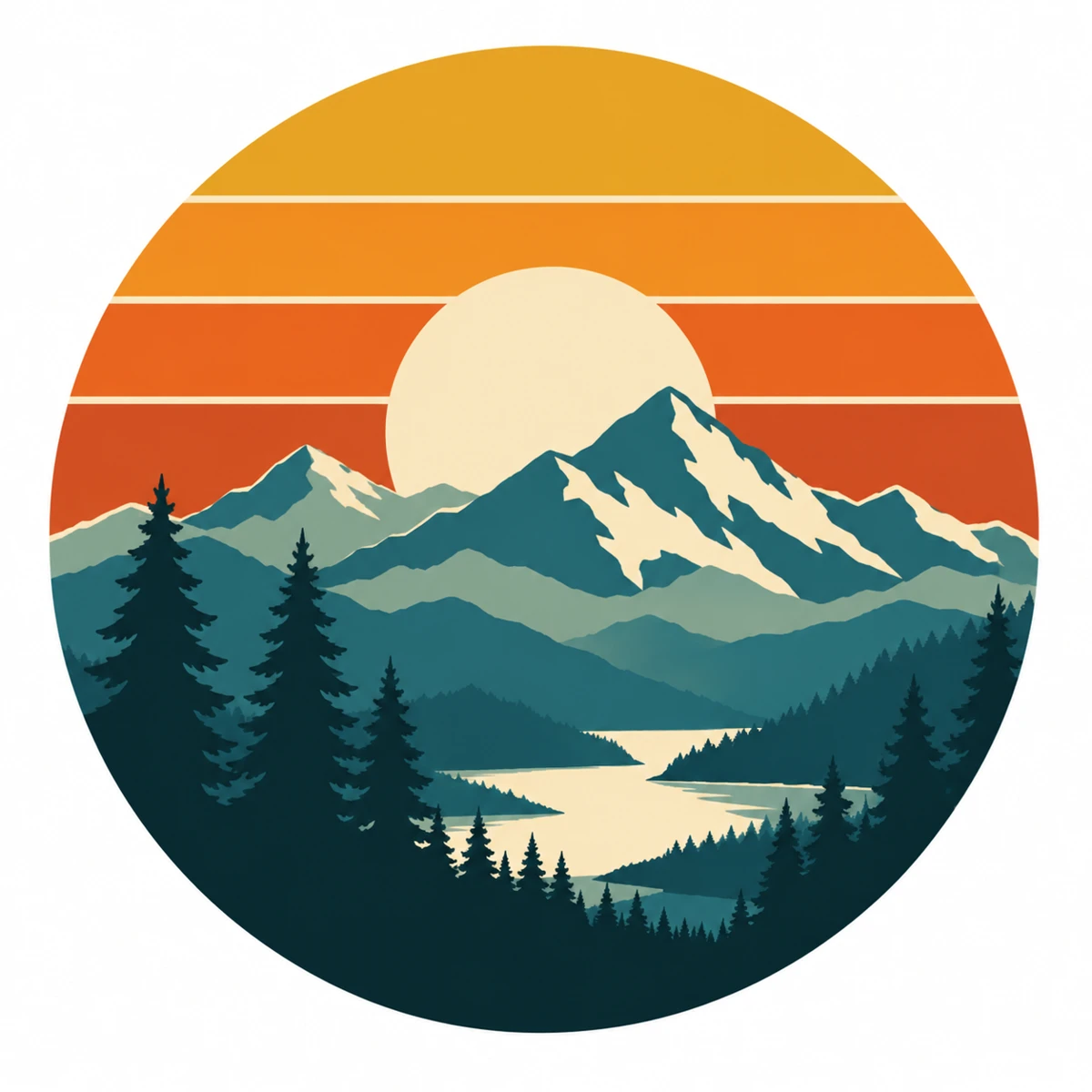 Flat retro sunset mountain artwork