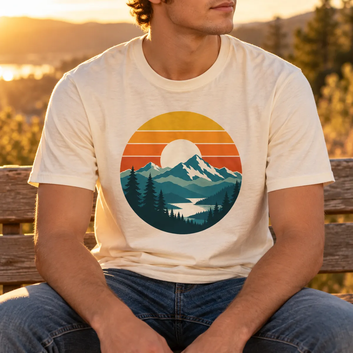 The retro sunset design printed on a t-shirt, worn outdoors