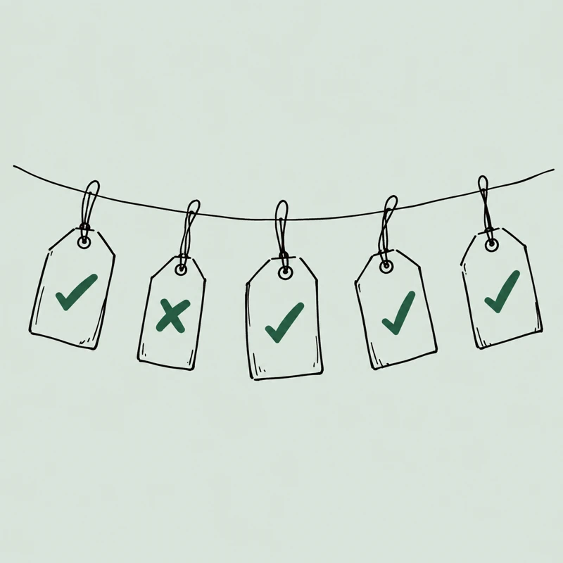 Product tags on a string, marked with ticks and a cross