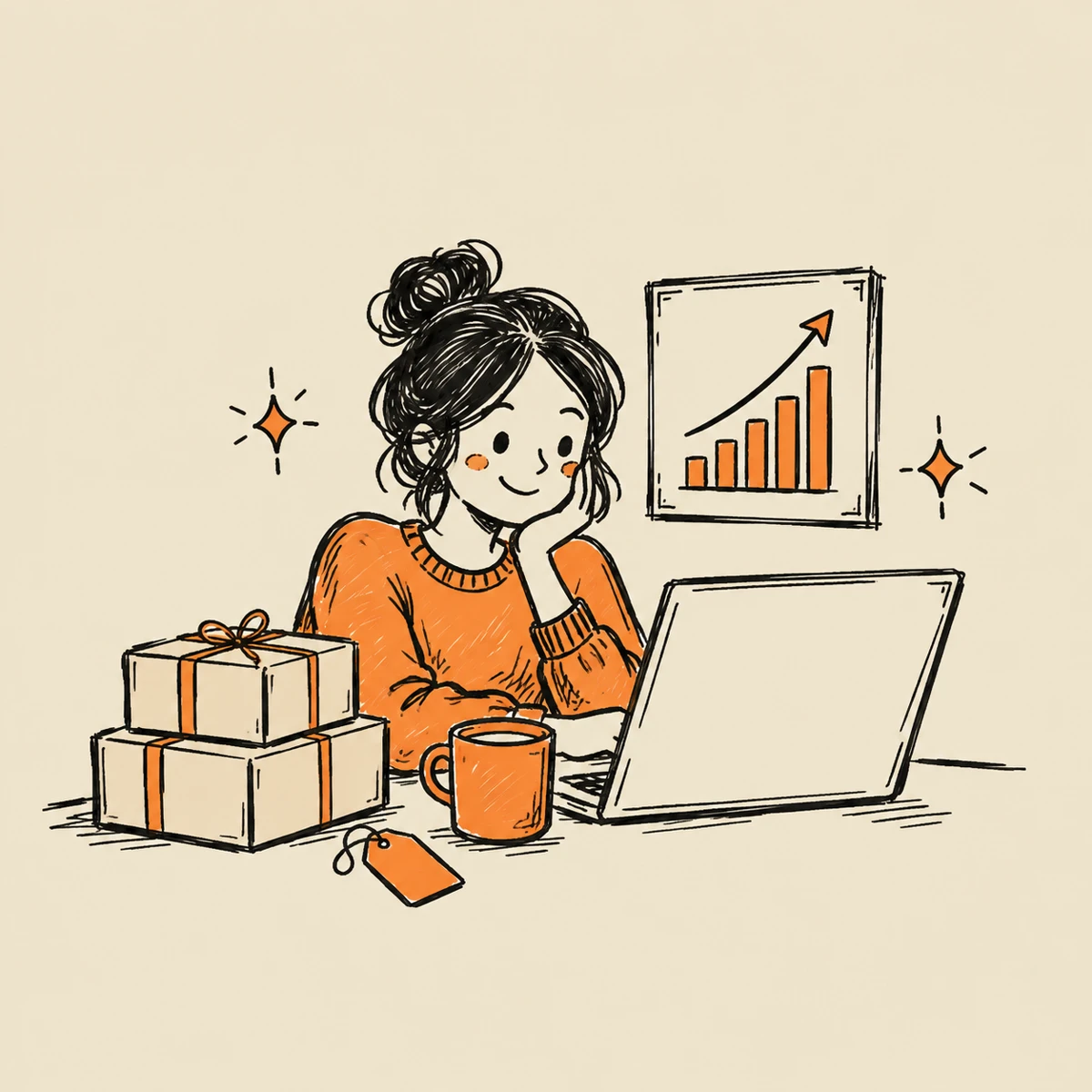 Sketch of an Etsy seller at her desk smiling at a laptop, with shipping boxes, a mug and a rising sales chart